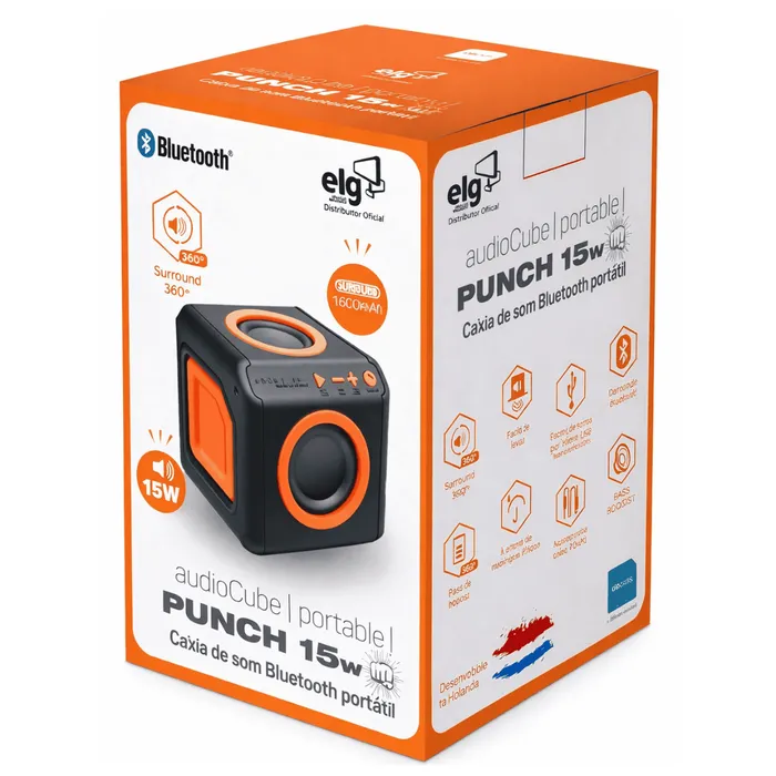 Caixa Som Bluetooth ELG Punch 15W RMS 360° Surround Portátil Resistente Respingos  Bateria Até 5h Anatel
