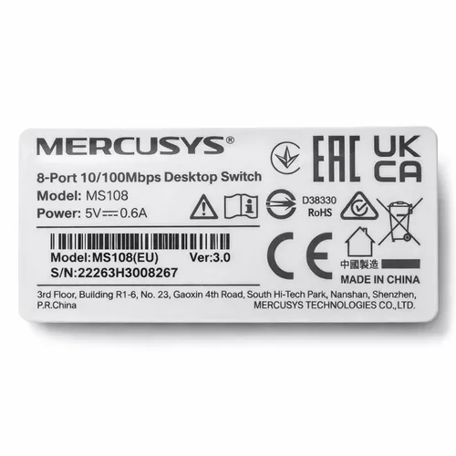 Switch Mercusys MS108 8 Portas 10/100Mbps RJ45 Desktop Plug Play