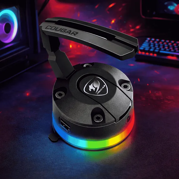 Suporte Para Mouse Cougar Bunker RGB Bungee Gamer Hub USB 2 Portas Base Sucção A Vácuo Preto
