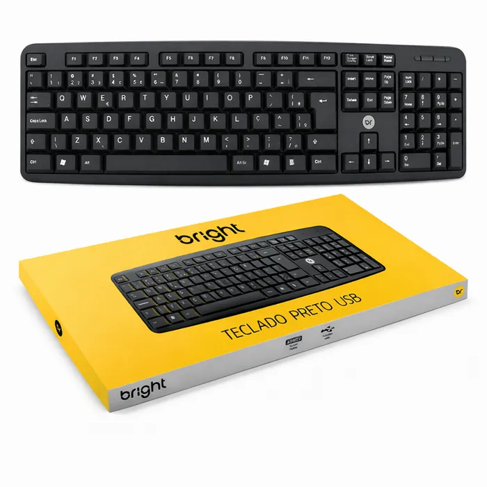 Teclado USB Bright 0014 Preto ABNT2 com Fio 1,3m 107 Teclas Plug And Play 