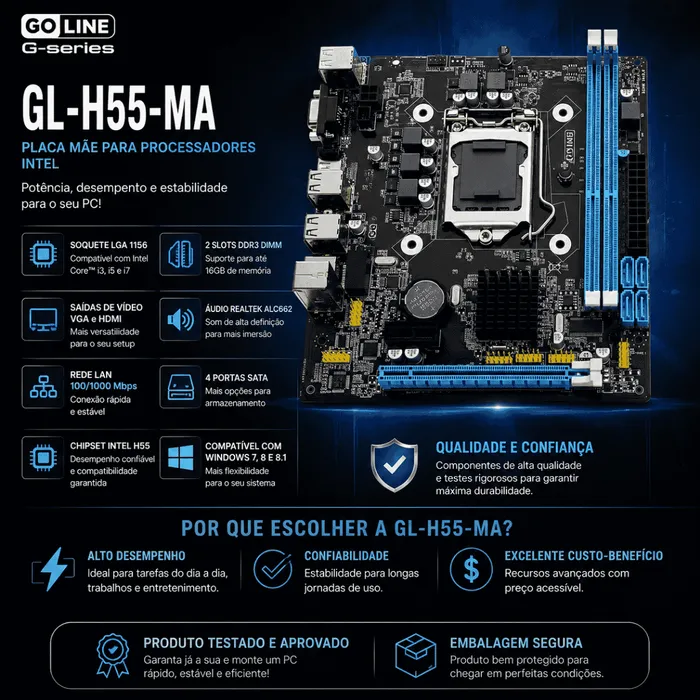 Placa Mãe GoLine GL-H55-MA Intel LGA 1156 DDR3 VGA HDMI