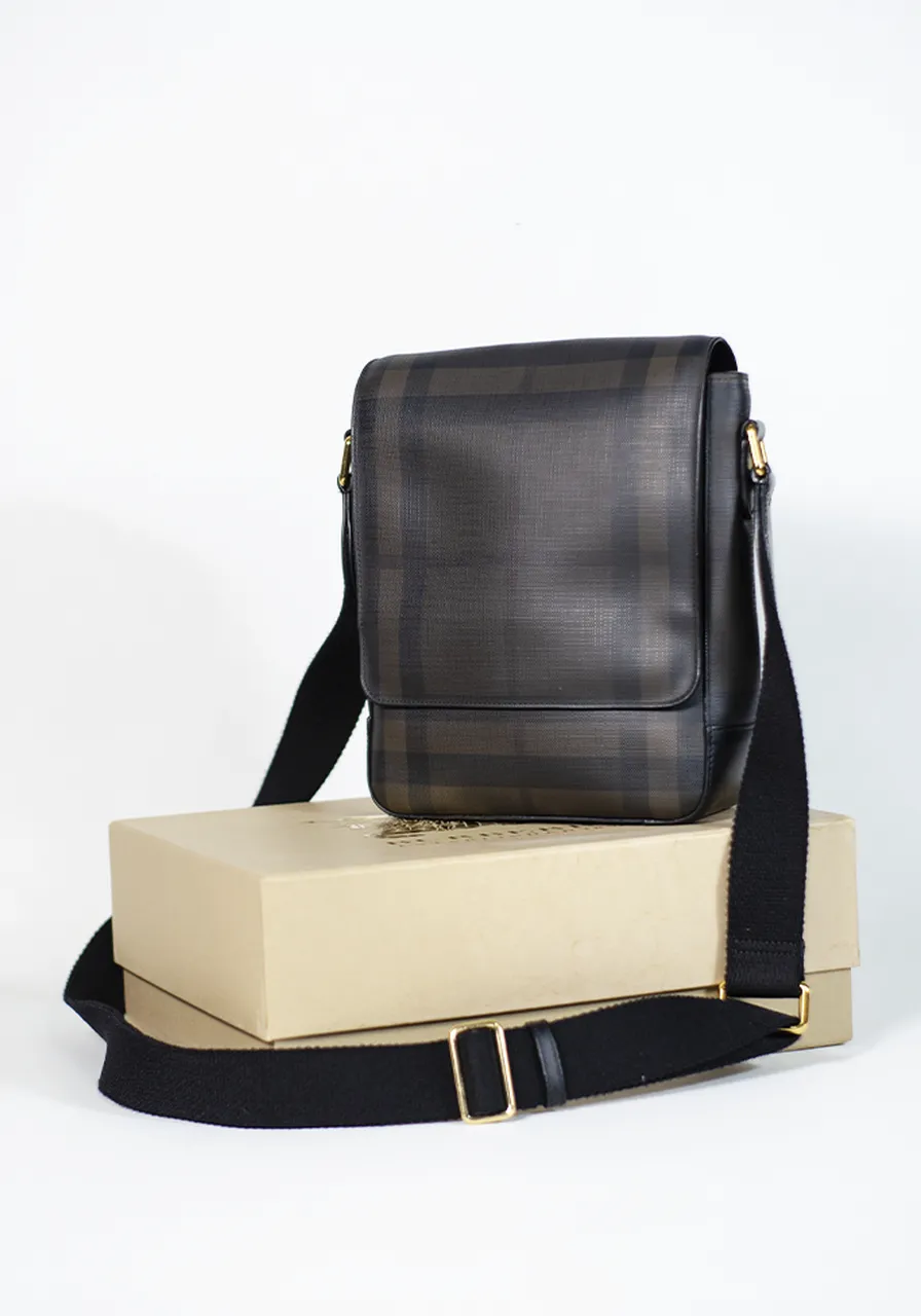 Burberry Greenford Crossbody Bag Smoked Check Coated Canvas