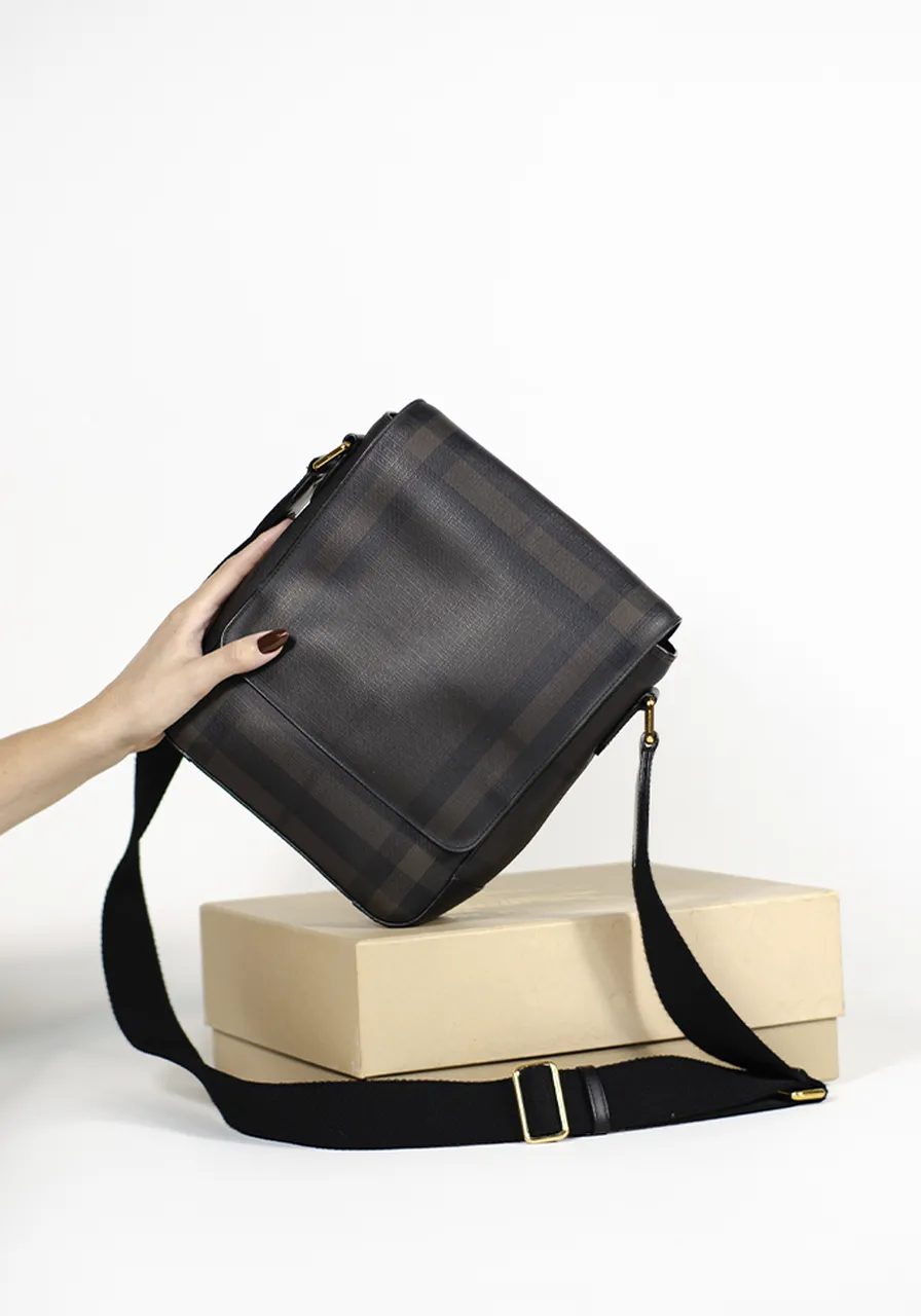 Burberry Greenford Crossbody Bag Smoked Check Coated Canvas