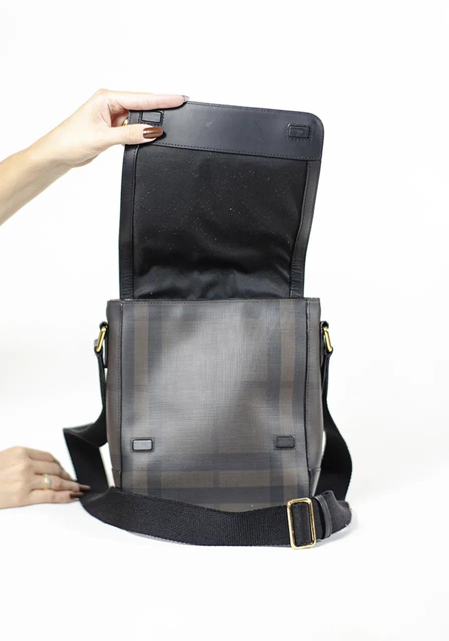 Burberry Greenford Crossbody Bag Smoked Check Coated Canvas