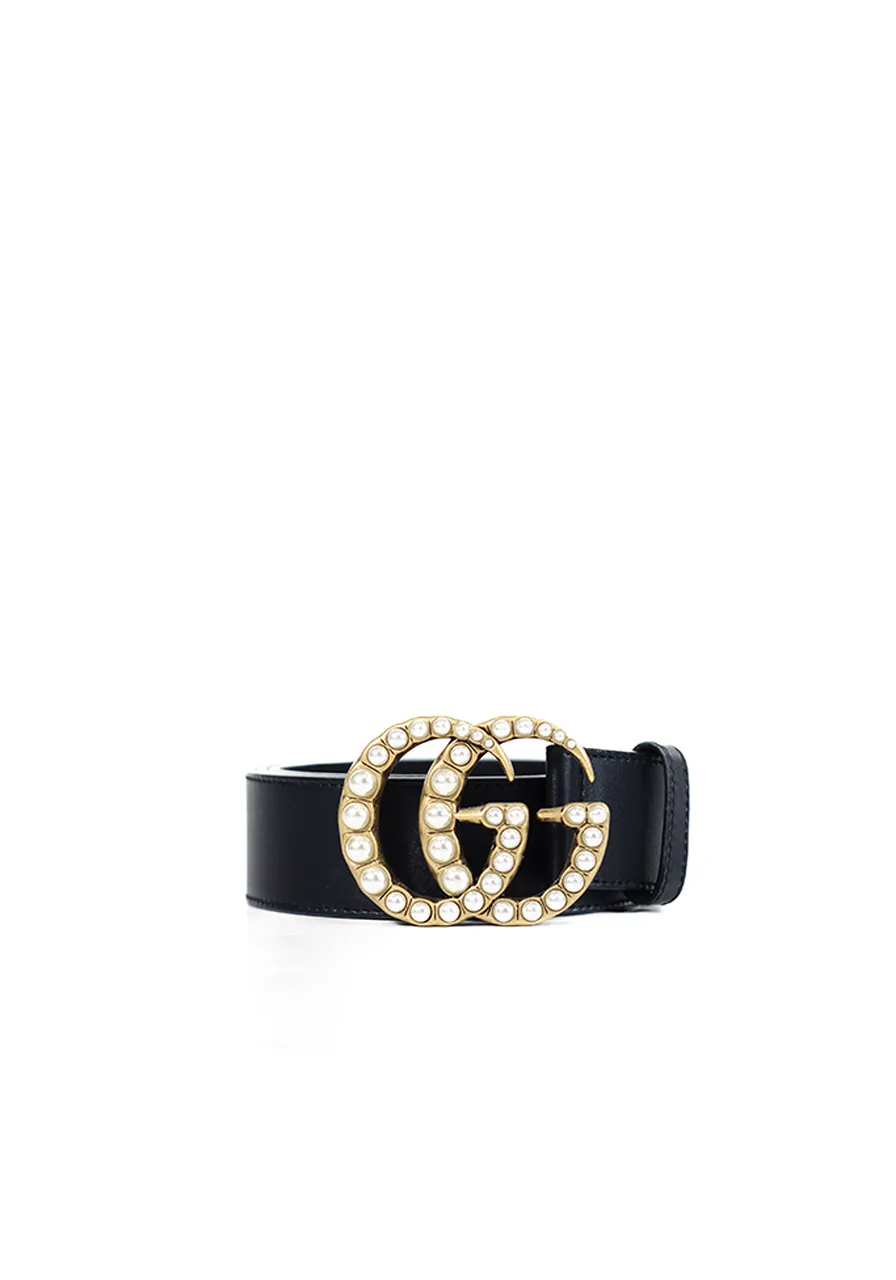 Cinto Gucci Leather Double G Pearl Belt 