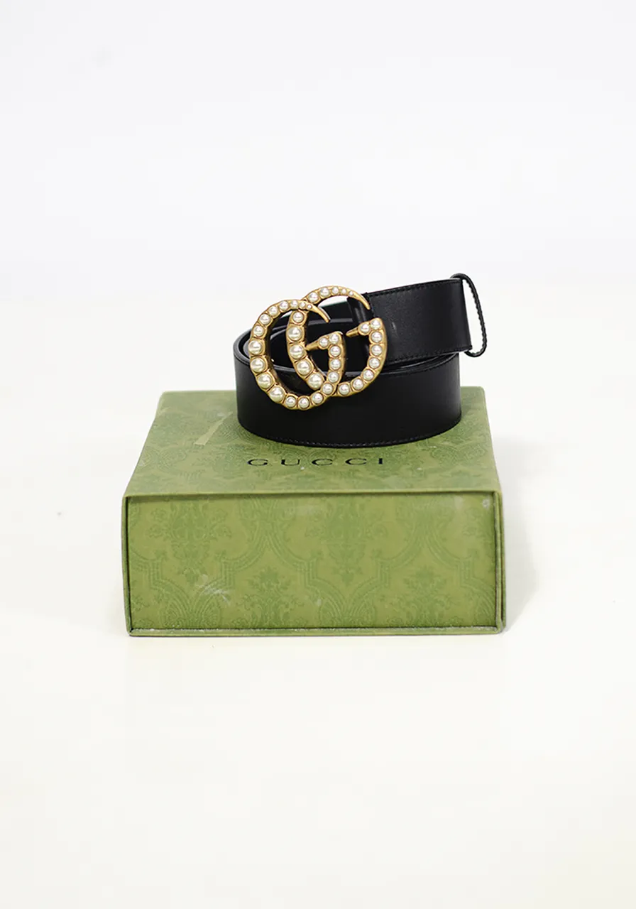 Cinto Gucci Leather Double G Pearl Belt 