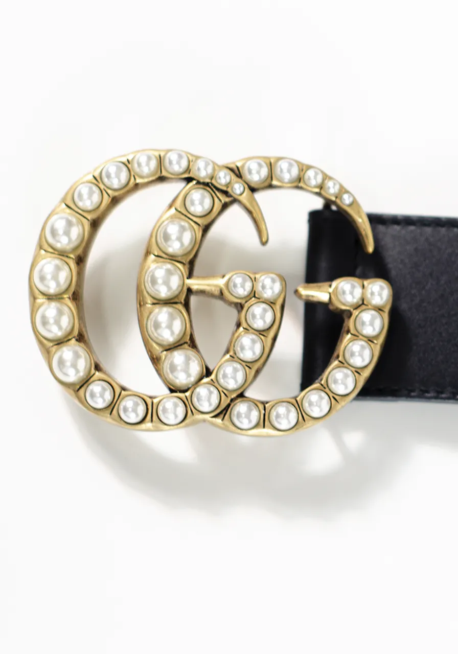 Cinto Gucci Leather Double G Pearl Belt 