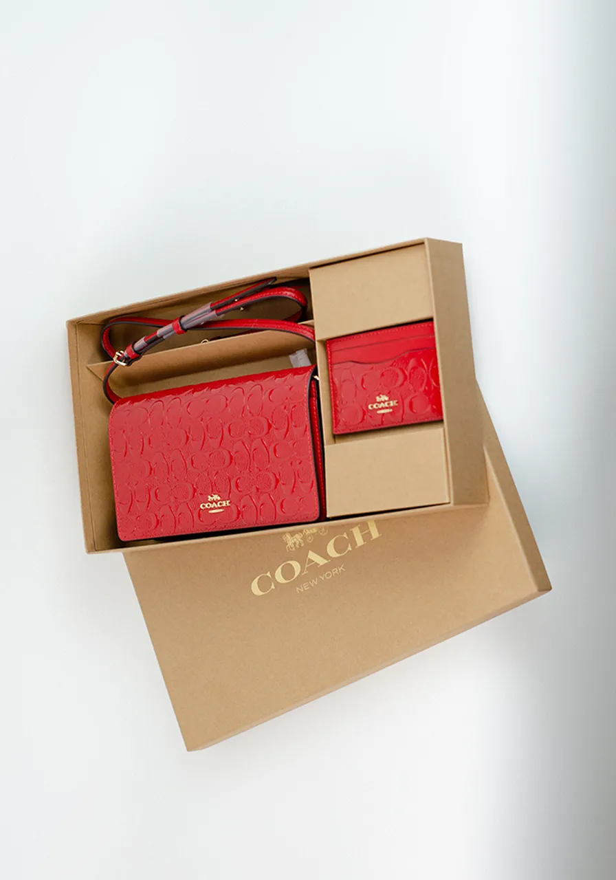 Coach Boxed Anna Foldover Clutch Crossbody And Card Case Set In Signature Canvas Vermelha