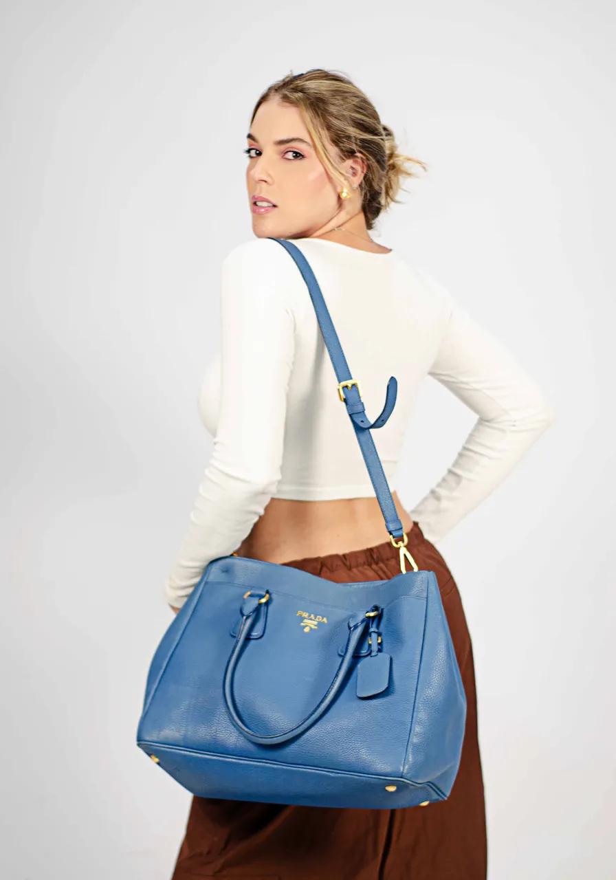 Prada Blue Vitello Daino Shopper