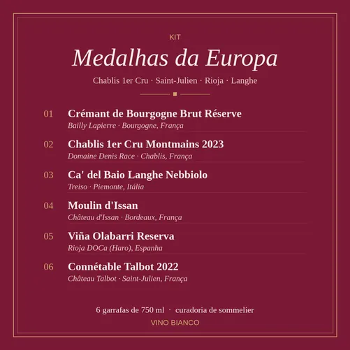 Kit Medalhas da Europa - 6 Vinhos Chablis 1er Cru, Bordeaux, Rioja e Nebbiolo