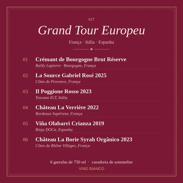 Kit Grand Tour Europeu | 6 Vinhos de França, Itália e Espanha