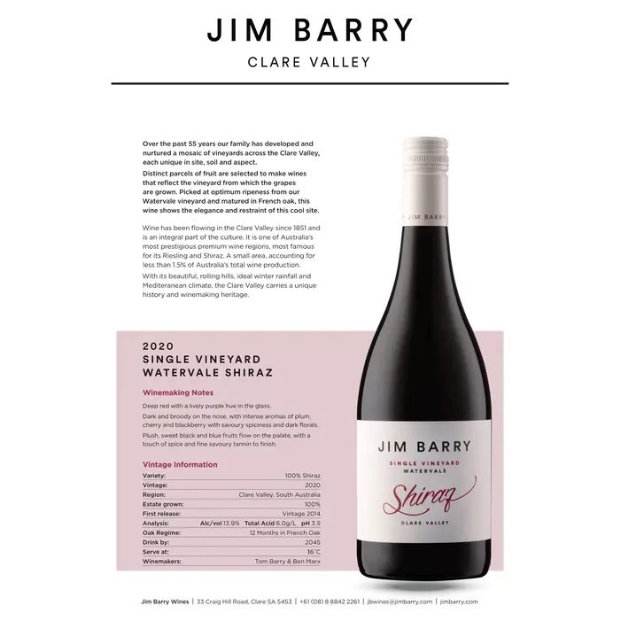 Jim Barry Single Vineyard Watervale Shiraz 2019