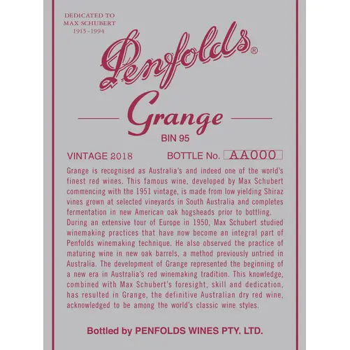 Penfolds Grange Bin 95 Shiraz  2018 