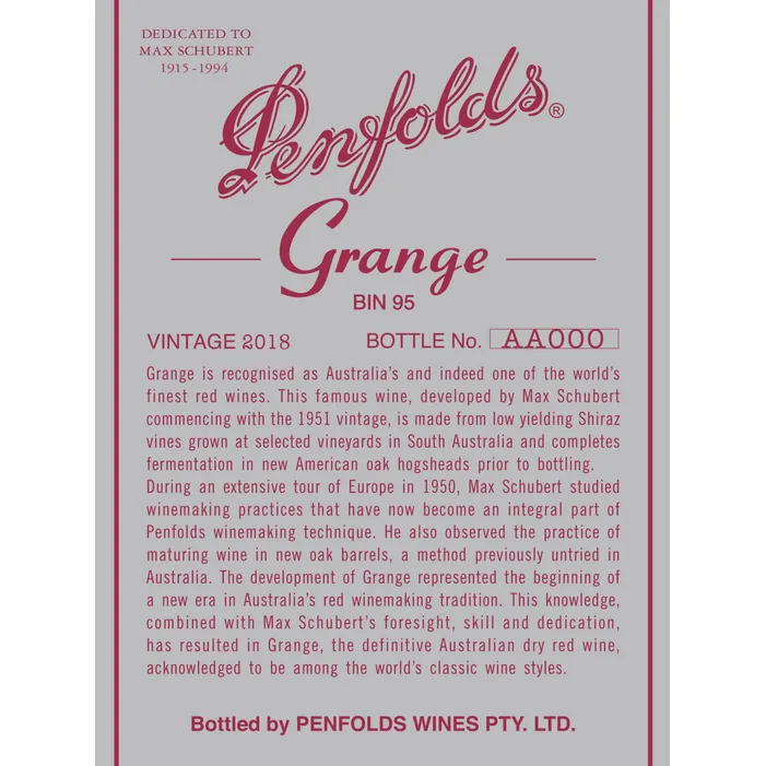 Penfolds Grange Bin 95 Shiraz  2018 