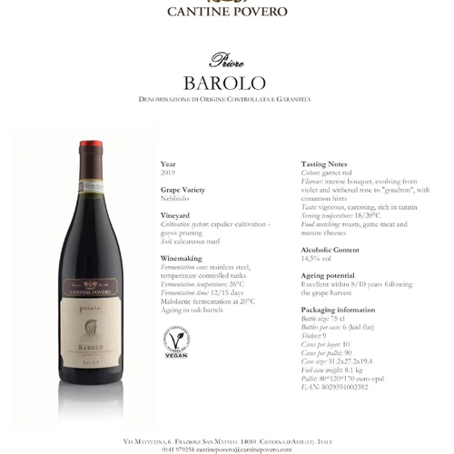 Barolo D.O.C.G Priore 2019 Cantine Povero