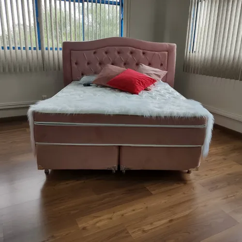 Colchão Super Black Queen 140x190 Rosa + cabeceira em captone + cama box + 02 travesseiros multicamadas