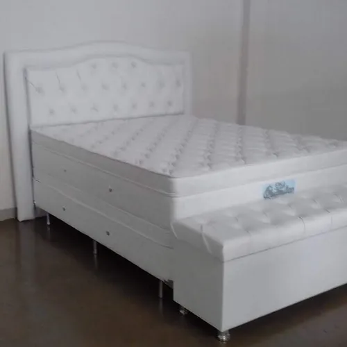 Colchão Life 160x200 todo branco + com cama box + cabeceira + baú + 02 travesseiros
