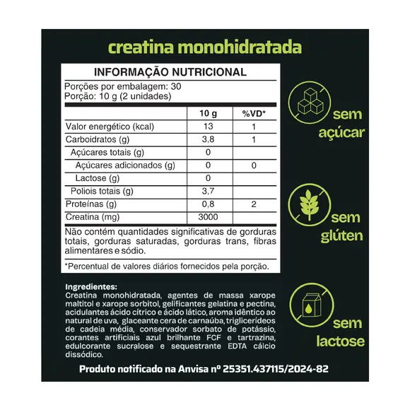 CREATINA EM GOMAS SABOR UVA VERDE - 60 GOMAS