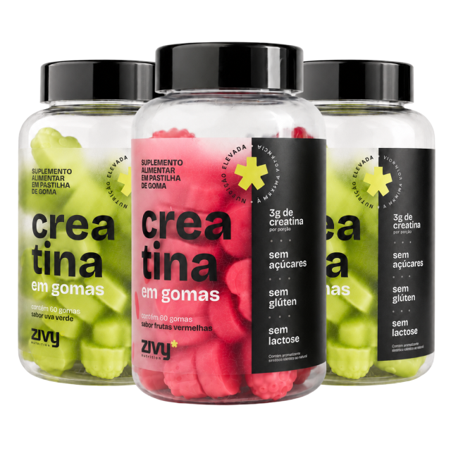 Três potes de Creatina em Gomas Zivy: 2 Uva Verde e 1 Frutas Vermelhas