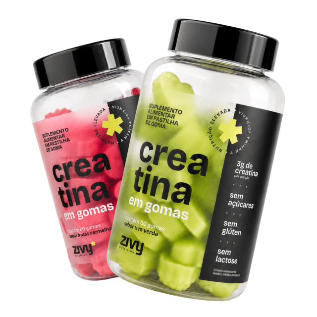 Dois potes de Creatina em Gomas Zivy sabores Uva Verde e Frutas Vermelhas