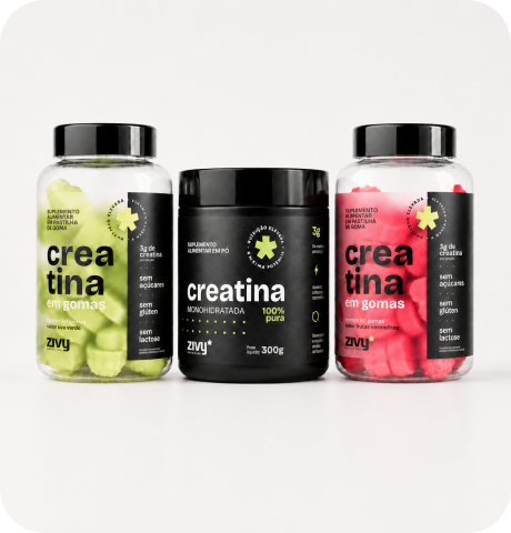Linha completa de creatinas Zivy: gomas uva verde, creatina em pó e gomas frutas vermelhas