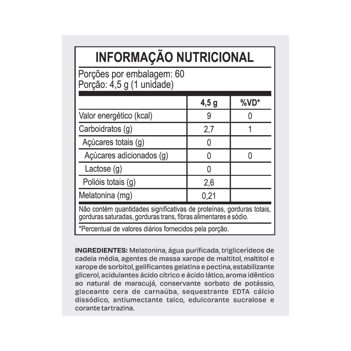 Tabela nutricional e lista de ingredientes da melatonina Zivy