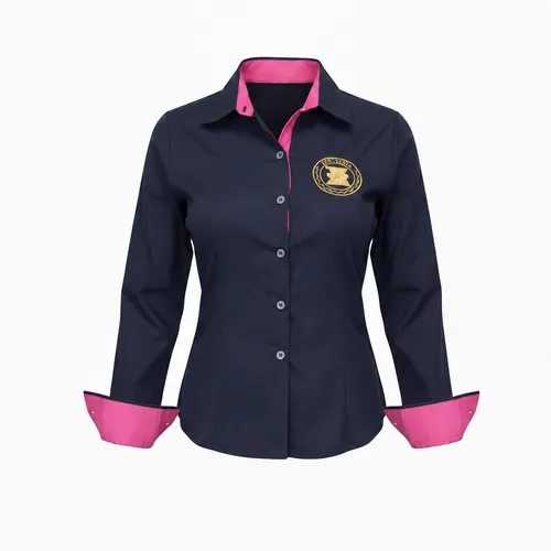 Camisa social Feminina - Azul marinho com rosa